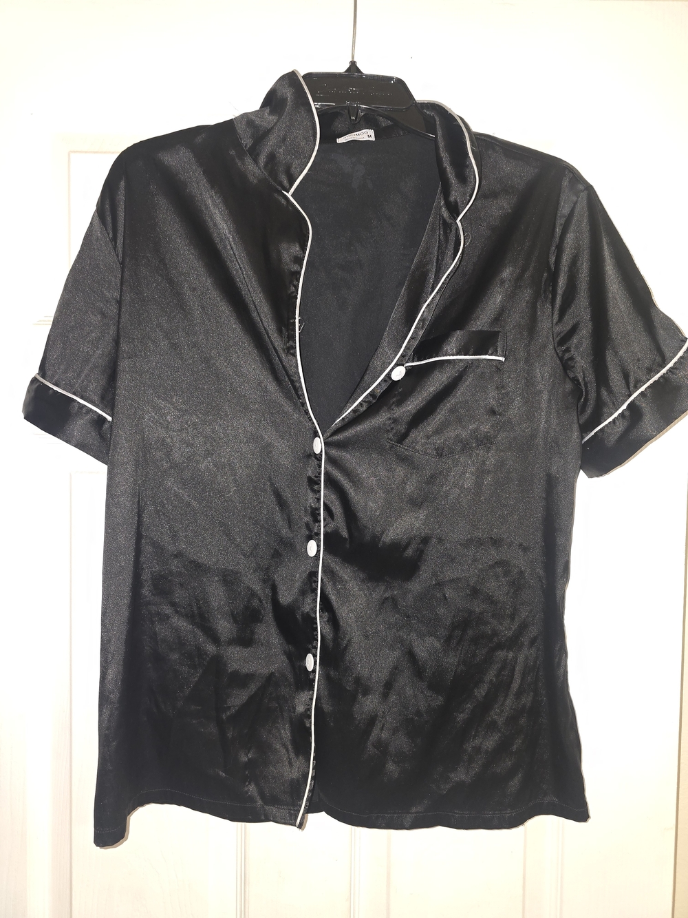 Black Satin Short-Sleeve Shirt with Contrast Piping